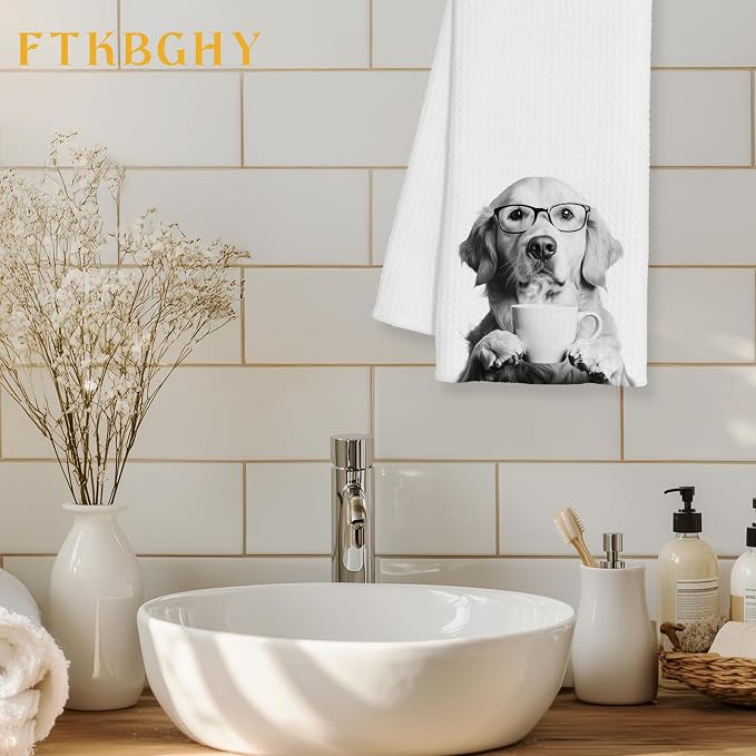 Funny Golden Retriever Coffee Kitchen Towels, Golden Retriever Gifts for Women, Dog Lover Gifts Decorative Dish Hand Tea Towels for Kitchen Coffee Bar Decor, 16x24 Inch