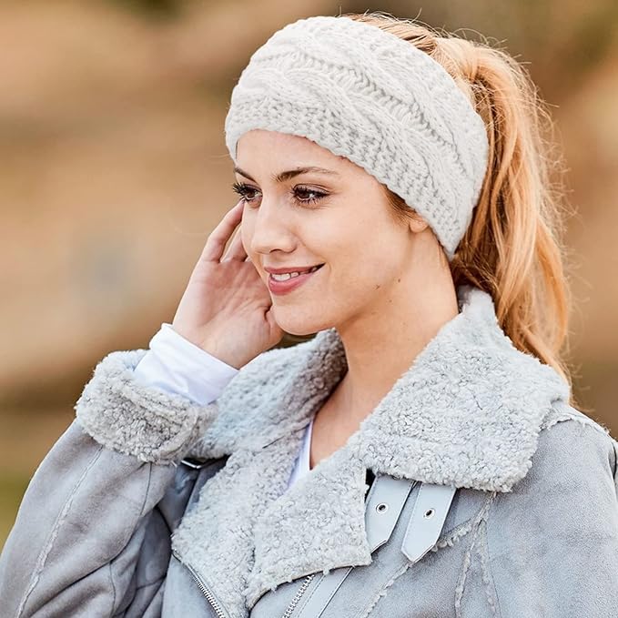 AQOKKA Knit Winter Headbands for Women Fuzzy Wool Fleece Lined Ear Warmers Elastic Turban Crocheted Head Wrap Winter Accessories for Women Cold Weather