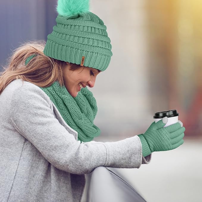 Aneco Womens Winter Warm Sets Knitted Fur Pompoms Beanie Hat Circle Loop Scarf Touch Screen Gloves Winter Favor Accessories