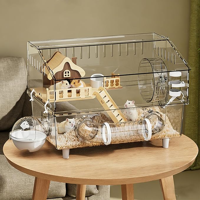 All in 1 Hamster Cage with Tunnel and 7 Accessories,Clear Acrylic Small Animal Habitat for Dwarf Hamster,Gerbil,Hedgehog(17.7"*11.8"*13.4")