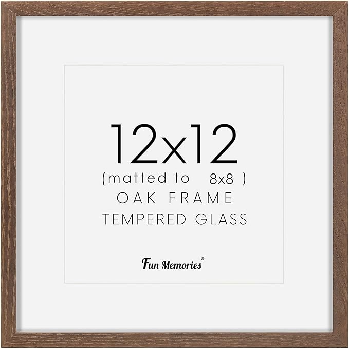 Square 12x12 Picture Frame, Oak Wood Frame 12 by 12, 12"x12" Photo Frames for Wall, 12 x 12 Picture Frame with Mat for 8 x 8, 12x12 Collage Wall Gallery Frame, Tempered Glass - Walnut Color, 1 Pack