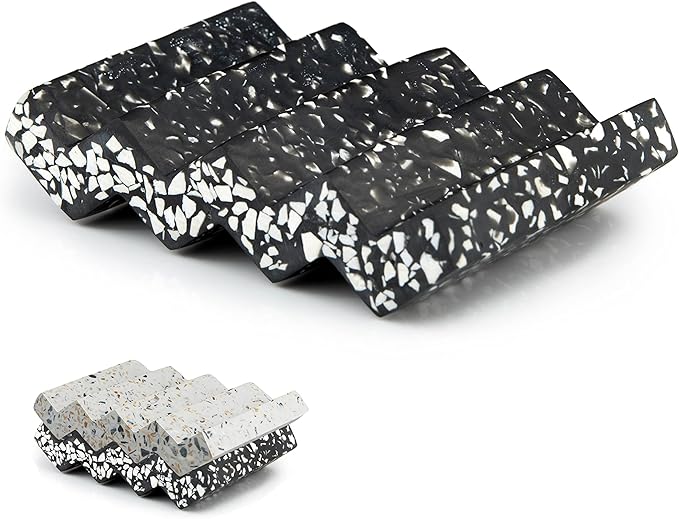 Zig Zag Terrazzo Stone Soap Dish for Bathroom Sink - Concrete Soap Saver for Bar Soap Holder for Shower - Sponge Holder - Self Draining Soap Dish Holder - Kitchen Soap Tray (Black)