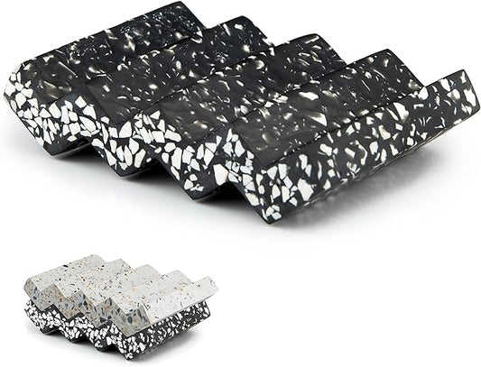 Zig Zag Terrazzo Stone Soap Dish for Bathroom Sink - Concrete Soap Saver for Bar Soap Holder for Shower - Sponge Holder - Self Draining Soap Dish Holder - Kitchen Soap Tray (Black)