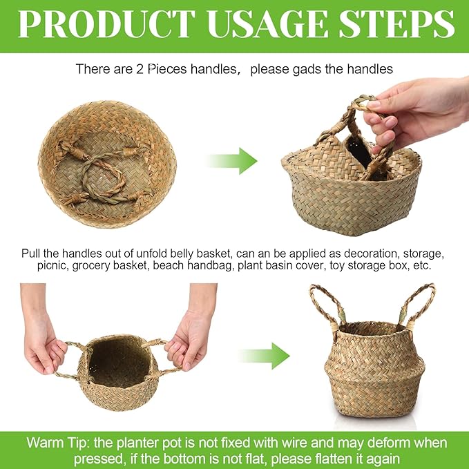 Qunclay 8 Pcs Woven Seagrass Baskets Belly Basket Folding Boho Natural Plant Pot with Handles Round Decorative Wicker Large Indoor Planter for Home Outdoor Tree Planters Decor (6.3 x 5.9 Inch)