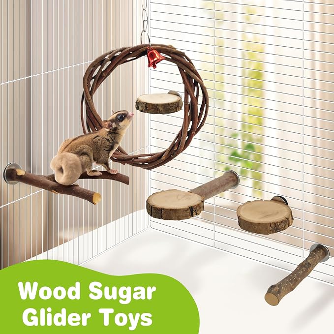BNOSDM 6 Packs Wooden Sugar Glider Cage Accessories Rat Climbing Toys with Swing, Perch Stands & Platforms, Small Animal Habitat Decor for Chinchilla, Squirrel, Gerbil, Hamster