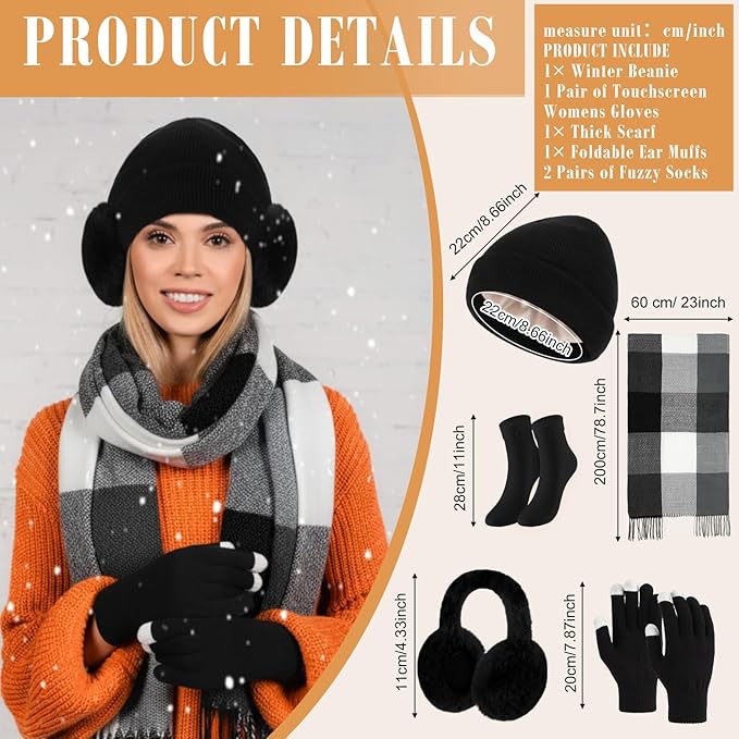 Geyoga 6 Pcs Winter Hat Scarf Gloves Set Knitted Touchscreen Gloves Plaid Scarf Earmuffs Socks Gift for Women Men