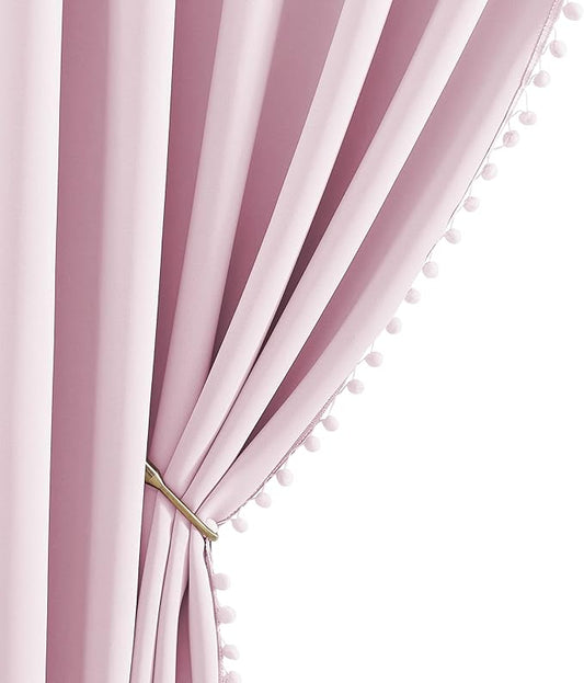 NICETOWN Pom Pom Blackout Curtains for Girls Bedroom Boho Pink Window Curtains for Nursery Rod Pocket Thermal Insulated Living Room Darkening Curtain Panels for Play Room, 52" W x 84" L, 2 Panels