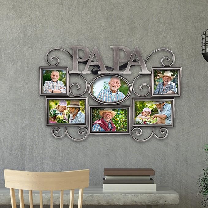 LASODY Papa Picture Frame,Cherish Every Memory,6 opening photo collage,Antique Silver,Father Day GiftsLasody Fathers Day And Mothers Day Collage Picture Frame (3”X2“+2“x2", Papa)