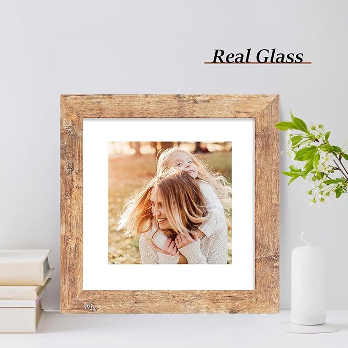 iRahmen 8x8 Picture Frame Set of 4 with HD Glass, Display 6x6 Pictures with Mat or 8 x 8 Without Mat, Square Wood Photo Frame for Wall Mount and Tabletop Display