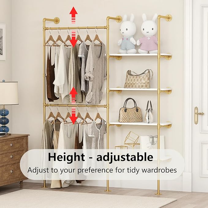 Industrial Pipe Clothing Rack, Heavy Duty Adjustable Garment Hanger with Shelves, 2 Installation Methods Closet Storage System for Wardrobe Organization (Gold, 80" H x 55" W)