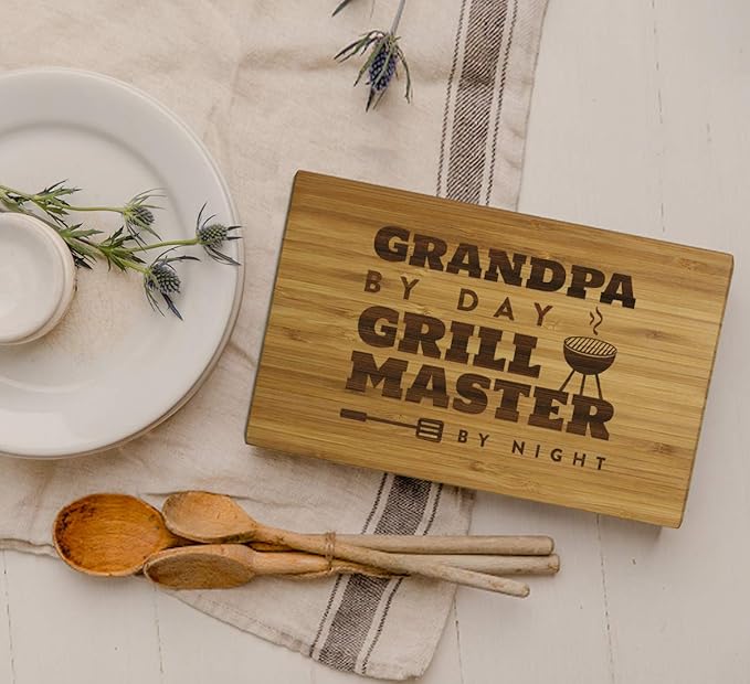 Andaz Press Laser Engraved Small Bamboo Wood Cutting Board, 9.5 x 6-inch, Grandpa by Day Grill Master By Night, 1-Pack, Father's Day Birthday Christmas Gift Ideas