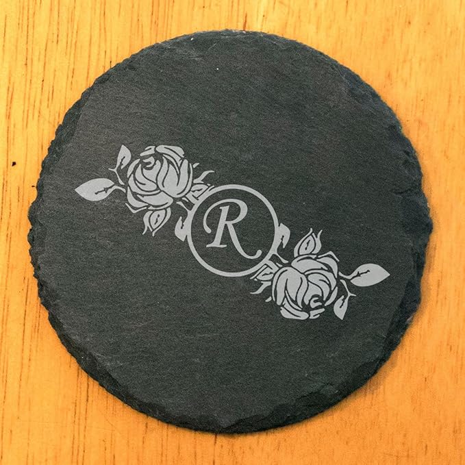 Initial Inspiration: Personalized Slate Coasters with Rose Monogram - Round Slate - Set of 6