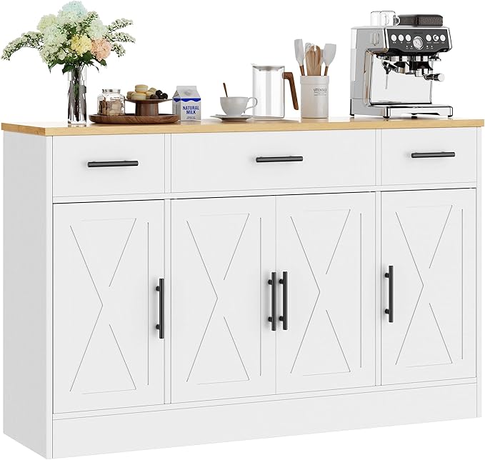 Shintenchi Buffet Cabinet with Storage,53.4" Large Kitchen Storage Cabinet with 3 Drawers and 4 Doors,Wood Farmhouse Buffet Sideboard with Adjustable Shelf for Kitchen Living Room, White