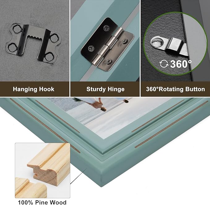 Horizontal & Vertical 5X7 Picture Frames Double Hinged Wood Folding Photo Frames with Real Glass Front Fit for Desktop or Tabletop Display Pictures 4x6 with Mat or 5x7 Without Mat, Teal Blue