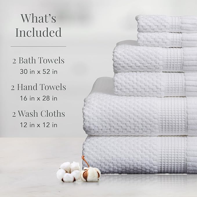 NY Loft 100% Cotton Bath Towel Set | 6 Piece Set - White Towels | Absorbent & Quick-Dry Bath Towels | Textured & Durable Cotton | Trinity Collection - Bright White