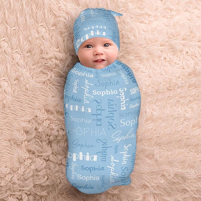 Newborn Swaddle Blankets Hat Name Lettering Blue Sets Soft Baby Receiving Blanket Swaddle Sack for Baby Shower Infant Boy Girl Gift