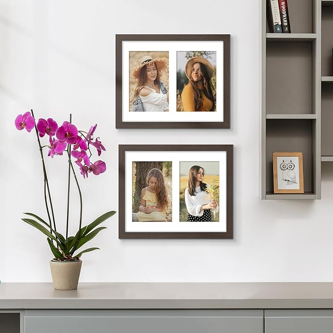 8x10 Double Picture Frame For Displaying Double 4x6 Picture Frame for Wall Mounting or Tabletop, Walnut.