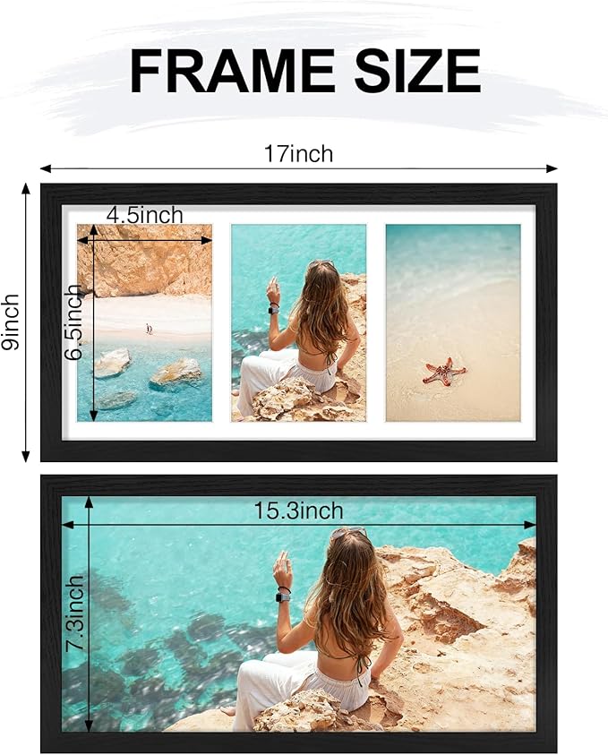 Vittanly 8x16 Collage Picture Frame, Displays 3Pcs 5x7 Pictures with Mat or 1Pc 8x16 without Mat, Picture Frames Collage Wall Decor for Horizontal or Vertical Display, Black, 1 Pack
