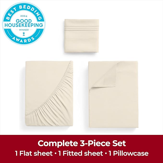 Mellanni Extra Deep Twin XL Sheets - 3 PC Iconic Collection Bedding - Luxury, Ultra Soft, Cooling Bed Sheets - Wrinkle, Fade, Stain Resistant (Twin Extra Long, Golden Ivory)