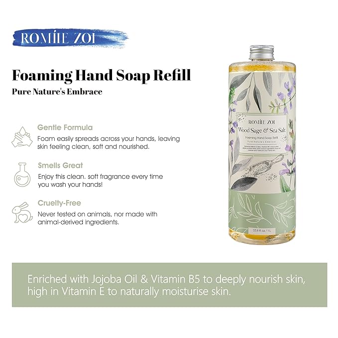 ROMIIE ZOI Foaming Hand Soap Refill, Wood Sage & Sea Salt, Gentle & Moisturizing Formula, 1 L/ 33.8 FL OZ