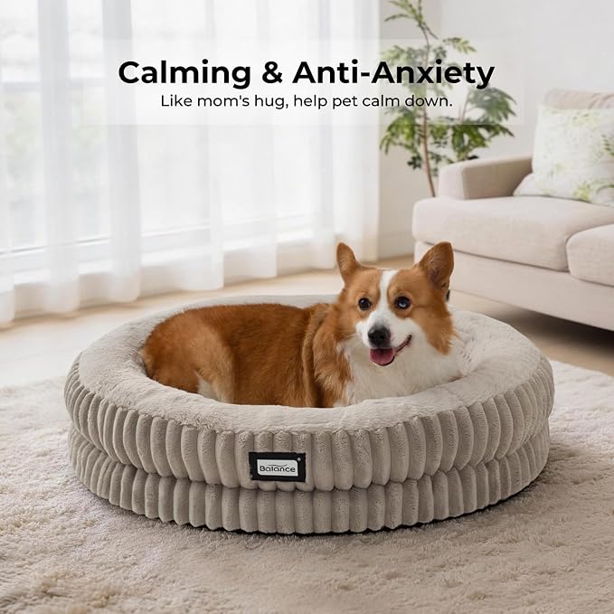 BALANCE Donut Dog Bed, 30 Inches Round Dog Bed Medium Size Dogs Washable, Orthopedic Calming Dogs Beds for Kitten, Fluffy Plush Faux Fur Pet Bed with Anti-Slip Bottom
