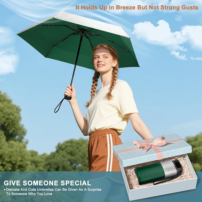 LEAGERA Mini Umbrella For Purse - UPF 50+ UV Blocker Sun Protection Umbrella, Small Micro Travel Parasol Design for Women, Dark Green