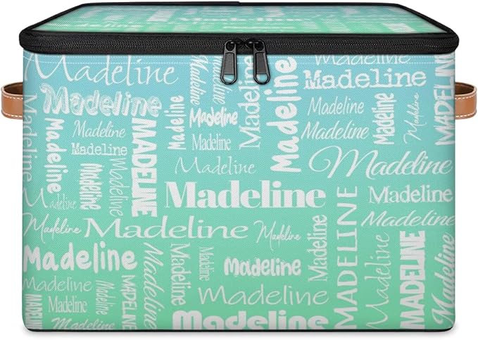 Custom Storage Basket with Name, Personalized Keepsake Box with Zipper Lid, Foldable Fabric Memory Bin Large capacity with Handle Bright Green Blue