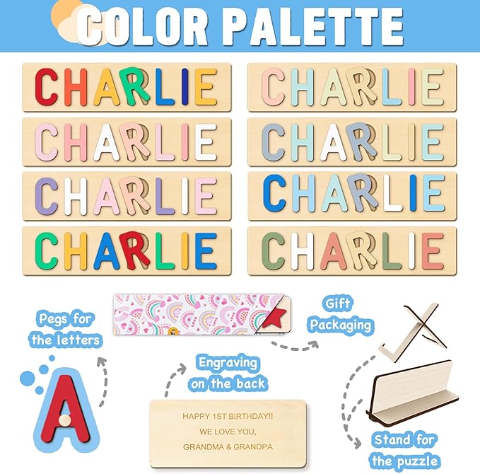 Personalized Name Puzzle with Gift Wrapping and Customizable Blessing - Custom Gift for Girl & Boy - Montessori Learning Toy for Toddlers Ages 1-3