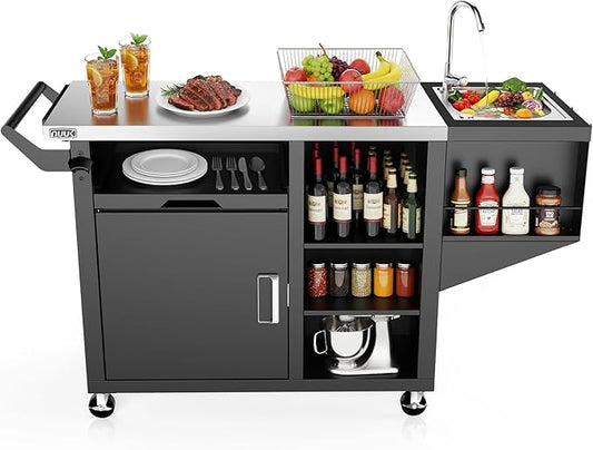 NUUK Outdoor Grill Cart on Wheel, Pizza Oven Table with Sink & Storage, 20"x42" Stainless Steel Prep Table Kitchen Island Cabinet for Backyard BBQ