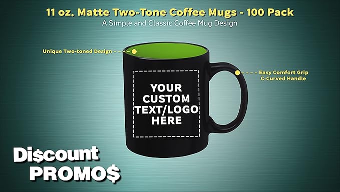 DISCOUNT PROMOS 100 Matte Two-Tone Coffee Mugs Set, 11 oz. - Customizable Text, Logo - Stoneware, Drinkware, Durable, C-handle - Lime Green