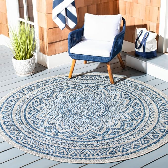 SAFAVIEH Washable Rug Outdoor Courtyard Collection - 9' Round, Light Grey & Blue, Non-Shedding & Easy Cleaning, Ideal for Patio, Backyard, Mudroom (CY8734-36812)