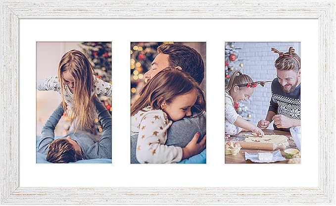 8x14 Collage frame with 3 Openings 4X6 Pictures, Multiple Picture Frame with Mat, Wall or Tabletop Decor, White Wood Grain (1 Pack)
