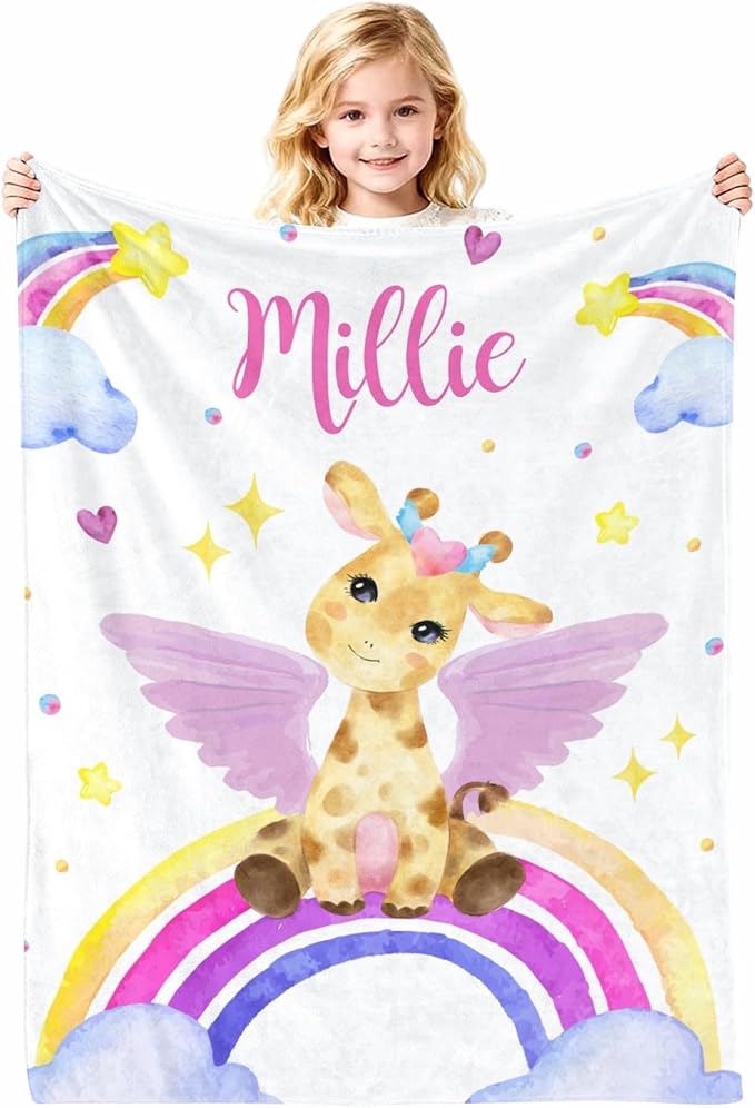 Personalized Baby Blankets for Girls with Name, Ultra-Soft Fleece Custom Baby Blanket, Cute Giraffe Baby Girl Gift, Personalized Name Blanket, 30"x40"