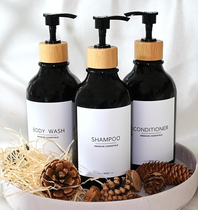 Shower Shampoo and Conditioner Bottles, Apothecary Dispenser Bamboo Pump, Refillable Bottles for Lotion Oil Hand Soap and Dish Soap, Plastic Set (3 Bottles 9 Labels) (3, Black)