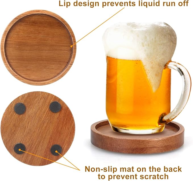 Rustic Wooden Coasters Set of 8 Farmhouse Coffee Table Decor Acacia Wood Drink Coaster with Holder Modern Outdoor Bar Cool Cup Costers Kitchen Accessories Decoration Home Dining Coasters Gift