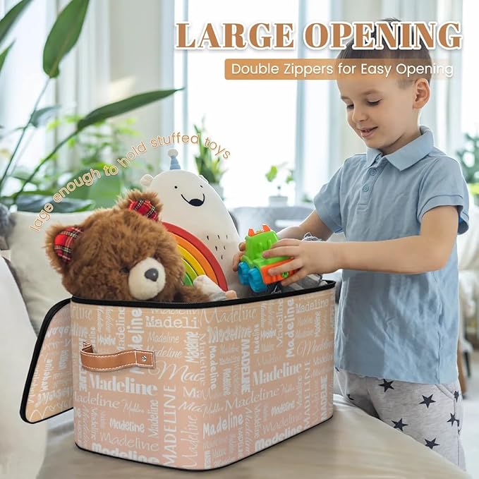 Custom Storage Basket with Name, Personalized Keepsake Box with Zipper Lid, Foldable Fabric Memory Bin Large capacity with Handle Apricot