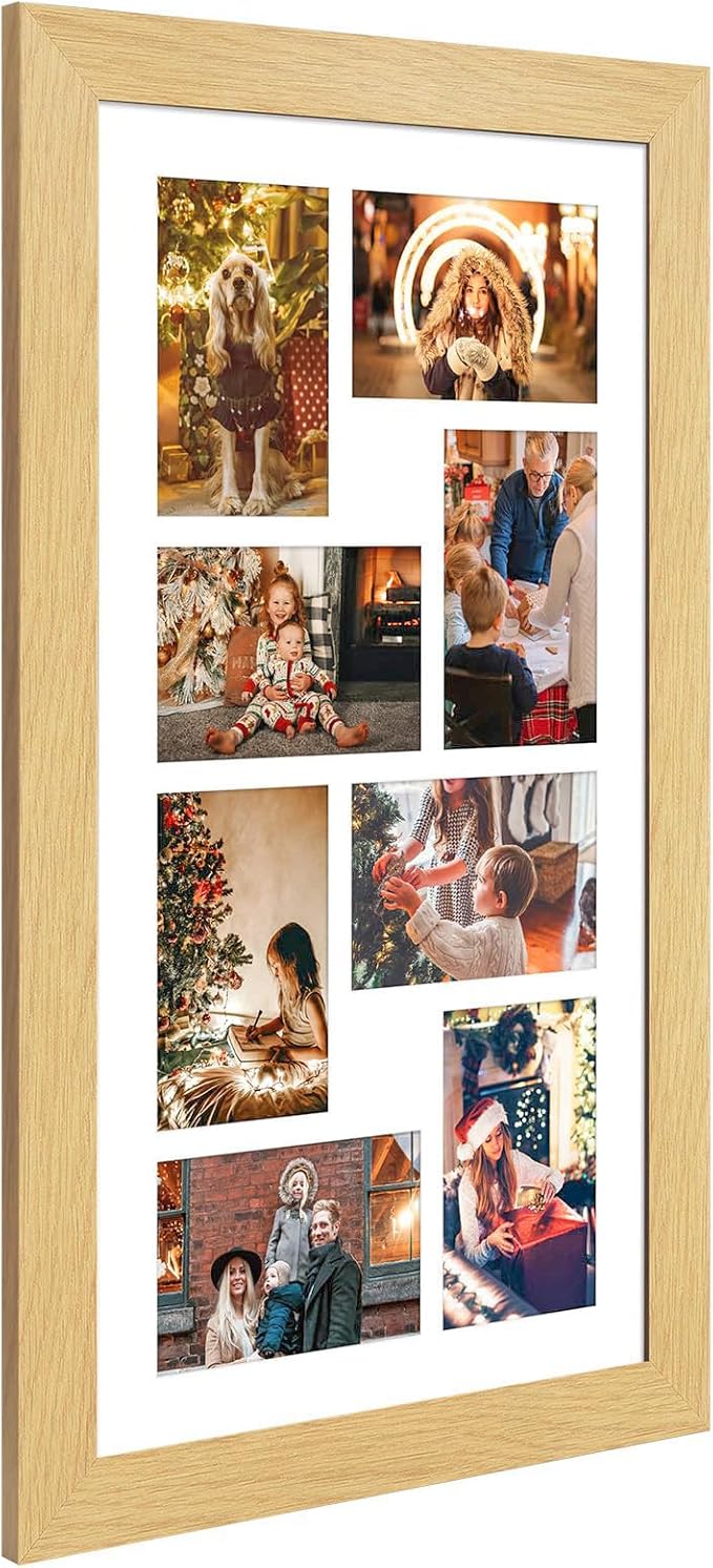 11.8x21.8 Picture Frame Display 8 opening 4X6 Picture Frame Collage,Multi Photo Frame with Mat,Plexiglass,Wall or Tabletop Decor,Natural Wood Grain