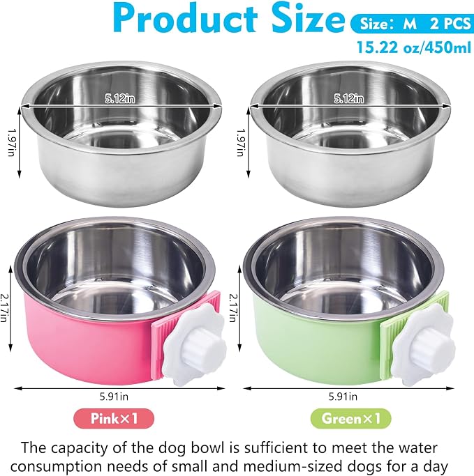 kathson Crate Dog Bowl, Removable Stainless Steel Hanging Pet Cage Bowl Food & Water Feeder Coop Cup for Cat, Puppy, Birds, Rats, Guinea Pigs (2 PCS, Size: M, Green and Pink)