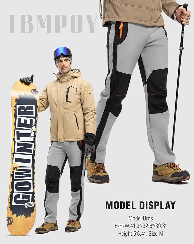 TBMPOY Men's Snow Ski Hiking Pants Waterproof Winter Fleece Lined Pants Camping Skiing Ice Fishing Pants with Belt