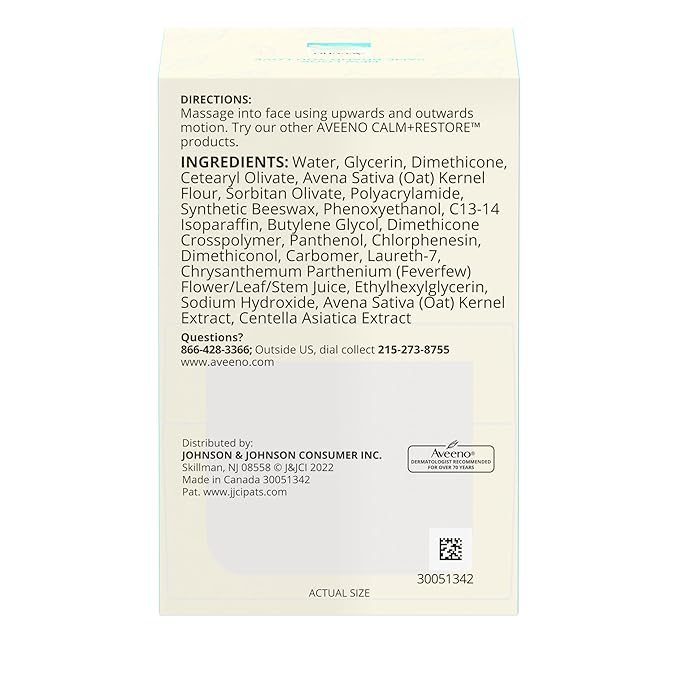 Aveeno Calm + Restore Oat Gel Facial Moisturizer for Sensitive Skin, Fast-Absorbing, Soothing Lightweight Gel Cream with Prebiotic Oat & Feverfew, Fragrance-Free & Hypoallergenic, 1.7 oz