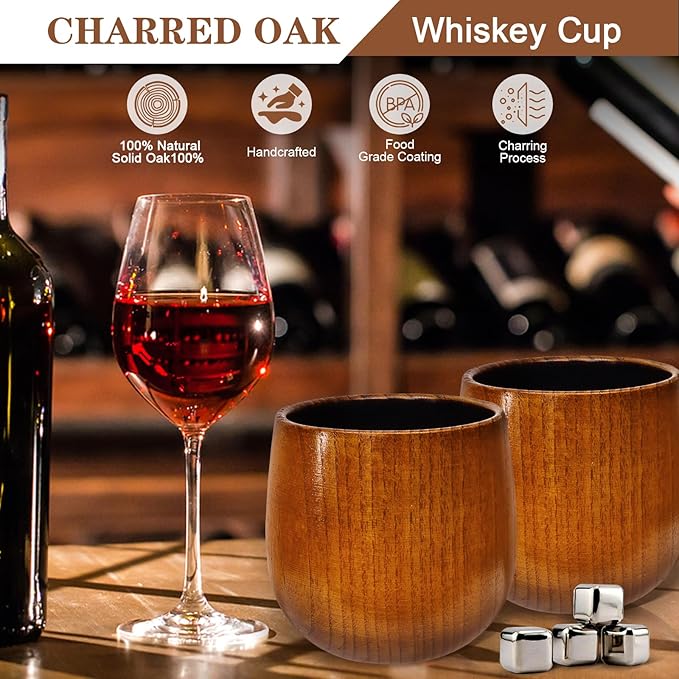 Charred Wooden Bourbon Drinking Glass Whiskey Tumbler - Wooden Old Fashioned Glass Made of Oak Great Whiskey Gifts for Men