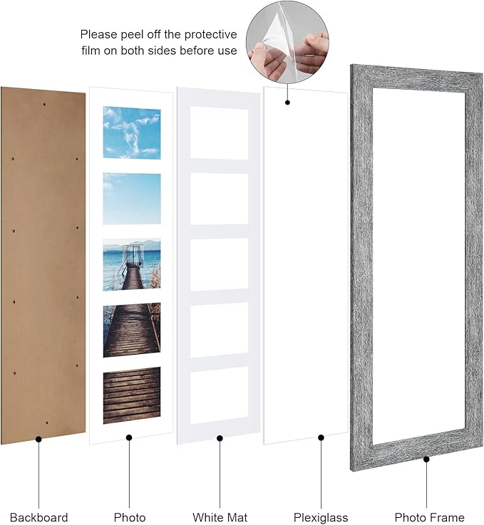 8x24 Picture Frame Display 5 opening 4X6 Picture Frame Collage,Multi Photo Frame with Mat,Plexiglass,Wall or Tabletop Decor,Grey Wood Grain