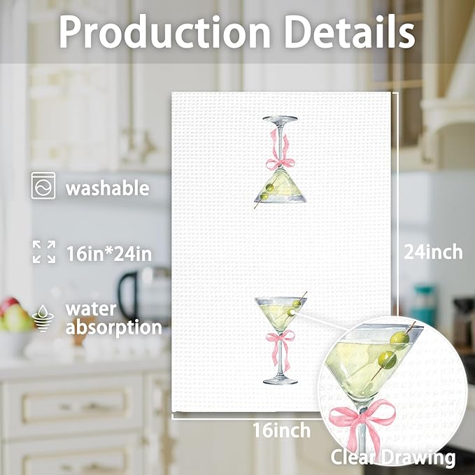 Martini Decor Bow Kitchen Towels, Gifts for Martini Lovers Hand Towels, Pink BowMartini Dish Towel Tea Towel for Kitchen Home Bar Decorative, Coquette BowMartini Bar CartDecor, 16x24In