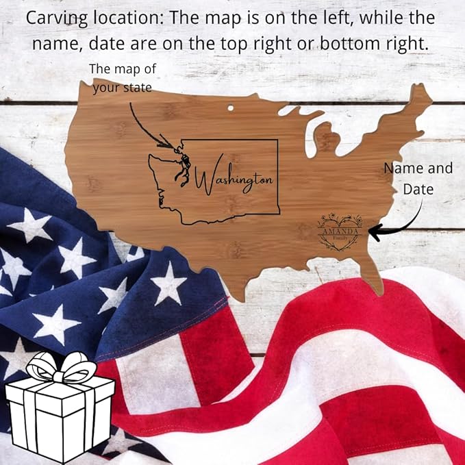 Personalized state-shaped and named date platters, carved wooden cutting boards, custom cheese boards as Mother's Day, wedding, housewarming gifts (Nan bamboo American shape 18x12x0.6in)
