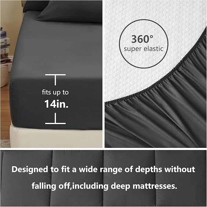 CozyLux Oversized Queen Comforter Sets Dark Grey, 7 Pieces Bed in a Bag, Ultra-Soft All Season Bedding Sets with Stitch Quilted Comforter, Flat Sheet, Fitted Sheet, Pillowcases, Dark Gray