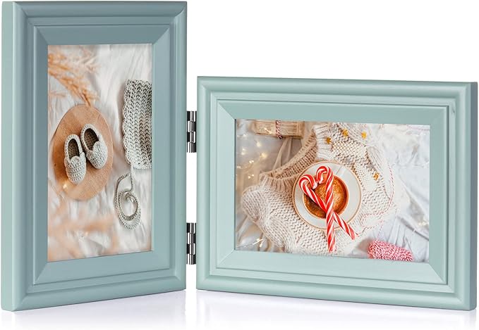 4x6 Double Hinged Picture Frame Folding Photo Frame Vertical and Horizontal in Teal Blue Pine Wood with Real Glass for Tabletop X2-LAN-SH46