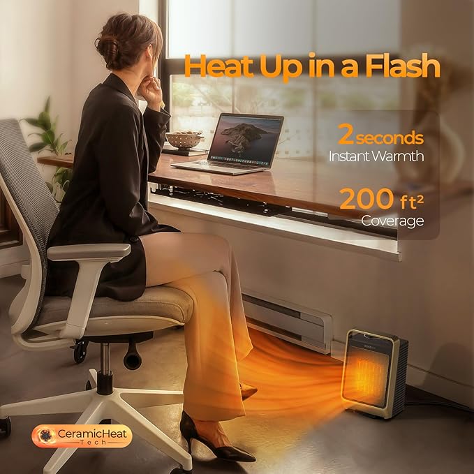 Space Heaters for Indoor Use, 1500W Portable Electric Heater with Thermostat, Ceramic Heater for Room Bedroom Office Under Desk with 3 Heating Levels, Safe Tip-Over Protection (Gold)