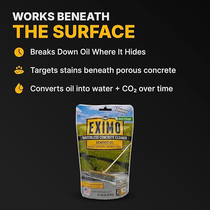CAF Outdoor Cleaning EXIMO Waterless Concrete Cleaner, Oil Stain Remover for Driveway, Garage Floor, Basement & Walkway Surfaces, Natural Concrete Cleaner Powder Treatment, Covers Large Areas, 0.75 lb