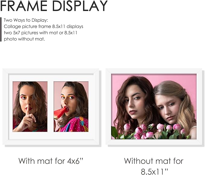8.5x11 Double 5x7 Picture Frame Double Picture Frame Displays Two 5x7 inch Photos Available Horizontal Wall Mounting Display and Vertical White