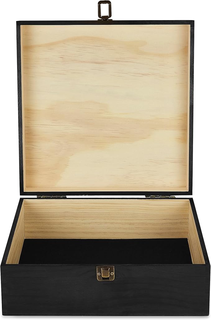 makerflo Large Black Pine Wood Memory Box with Black Felt Inside, Hinged with Clasp, Keepsake Wooden Box Ideal for Craft and Personalization (Laser Engraving, Epoxy, UV DTF, and Vinyl) – Pack of 1
